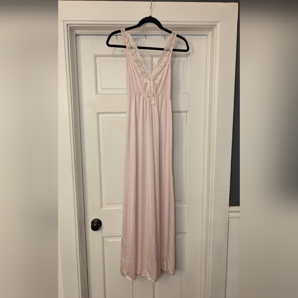 Vintage Olga Light Pink Peignoir Nightgown Small Lace Ribbon Nylon Spandex - Picture 5 of 12
